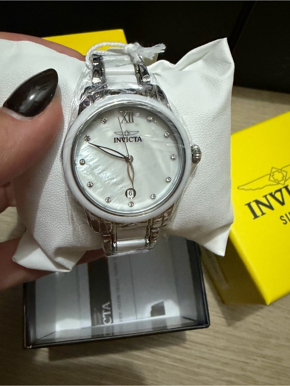 Invicta Women's White Ceramic+Silver Watch- Elegant Mother-of-Pearl Dial 34.7mm